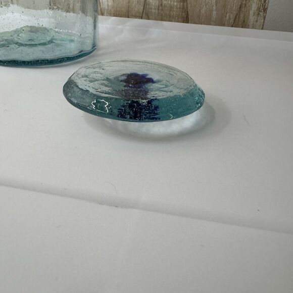 Hand Blown Glass Canister Mexico with lid Blue Rim Biscuit Cookie Jar 6”x4” Farm - Picture 6 of 16